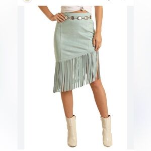 Rock & Roll Denim Fringe Asymmetrical Faux Suede Skirt in Light Blue